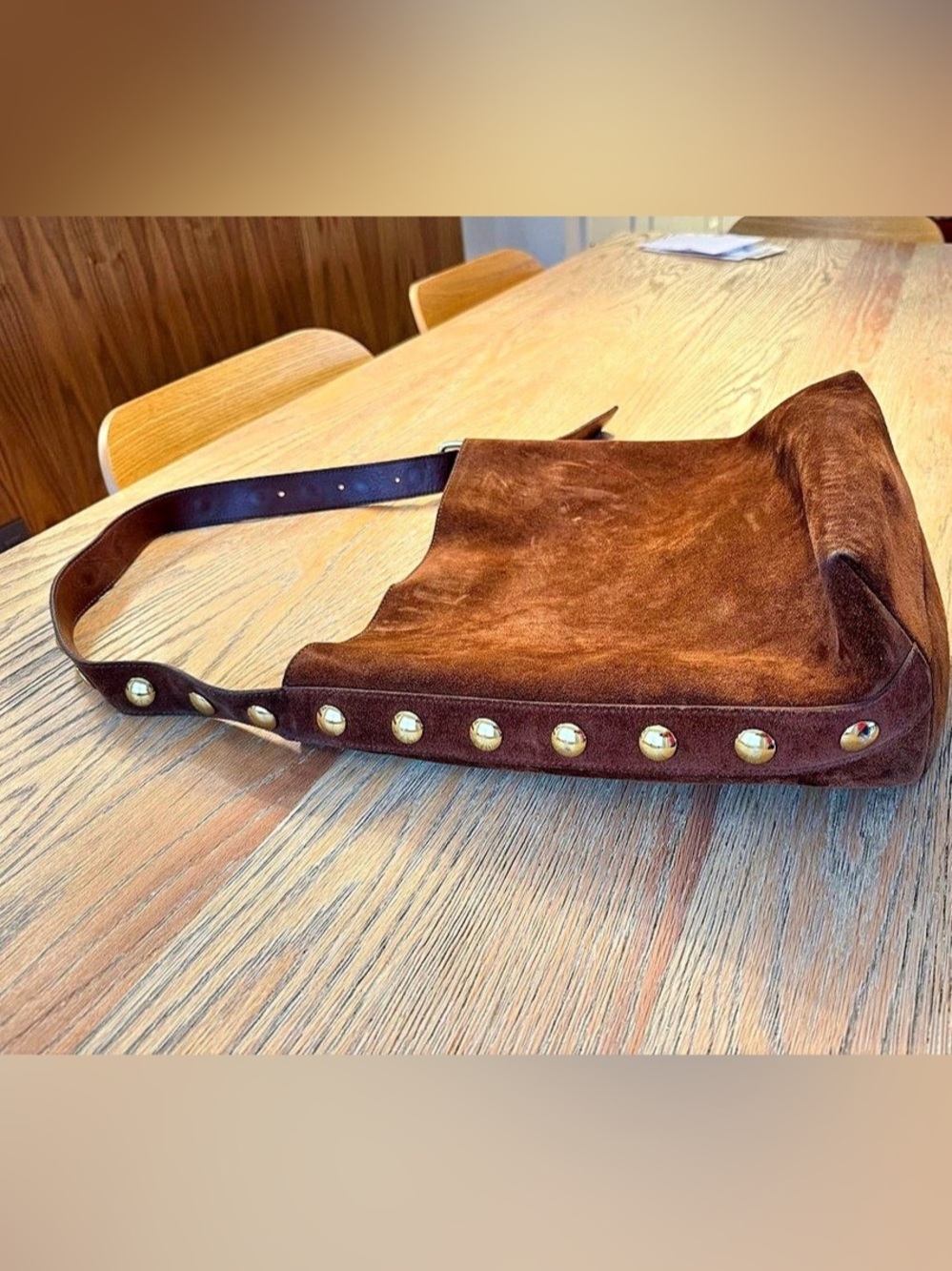 Madewell Essential Bucket Tote in Soft Mahogany Suede (with gold studs)
